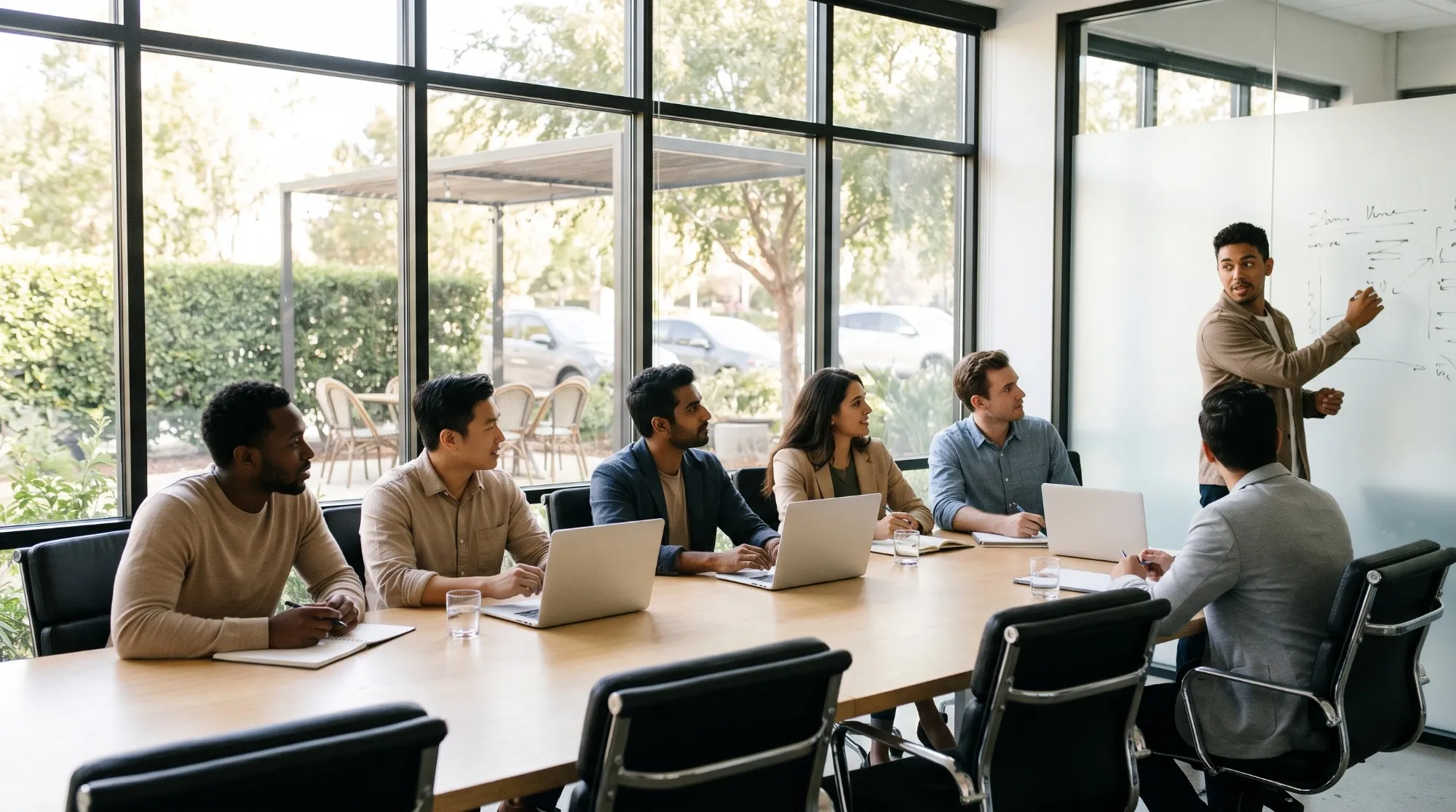 A deal team around a conference table, laptops open, while a colleague sketches a plan on the whiteboard