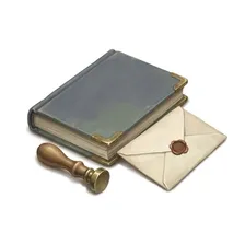 Painted illustration of a bound closing volume with brass corners beside a wax seal stamp and sealed envelope