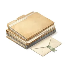 Painted illustration of a stack of folders with a single ribbon-tagged envelope slipped aside