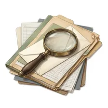 Painted illustration of a brass magnifying glass resting over a pile of folders and ledger sheets