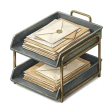 Painted illustration of a two-tier desk correspondence tray stacked with envelopes