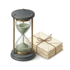 Painted illustration of a desk hourglass beside a bundle of envelopes tied with twine