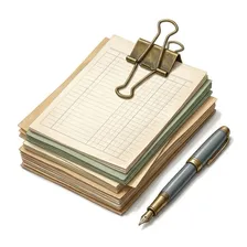 Painted illustration of a brass binder clip clamping a stack of ledger sheets beside a fountain pen