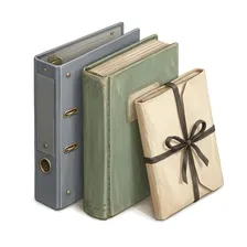 Painted illustration of three mismatched document binders and a tied folder