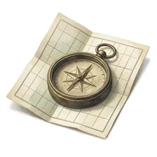 Painted illustration of a brass pocket compass resting on an unfolded grid chart