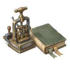 Painted illustration of a mechanical archival desk stamp beside a cloth-bound ledger book with ribbon markers