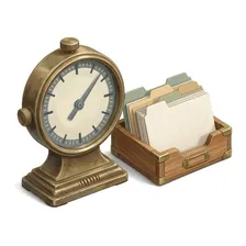 Painted illustration of a brass analog indicator dial beside a wooden index card tray with tabbed dividers