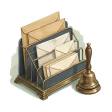 Painted illustration of a desktop letter rack filled with correspondence envelopes beside a brass call bell
