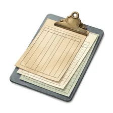Painted illustration of a clipboard holding layered ruled sheets in different columnar layouts