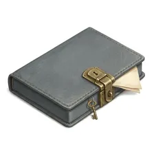 Painted illustration of a closed slate-grey portfolio secured with a brass clasp lock and key